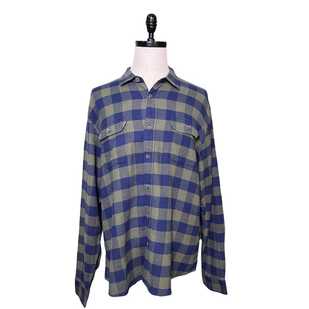 Tailor Vintage Performance Flannel Shirt XXL Blue Olive Buffalo Plaid Stretch